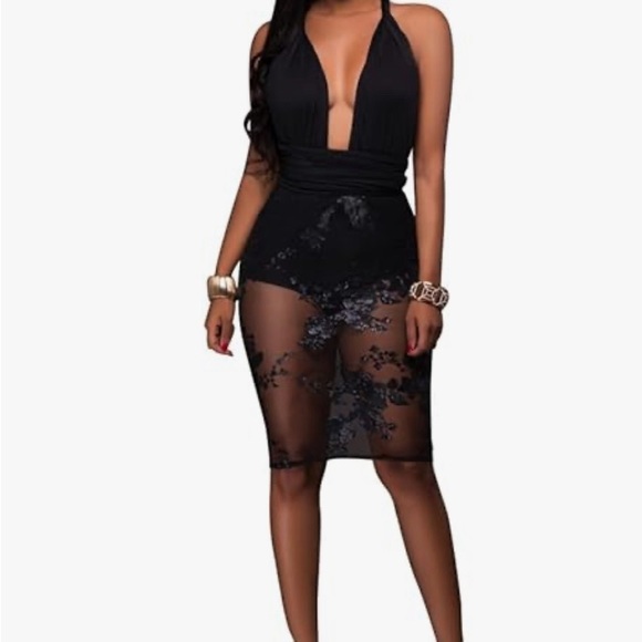 NWOT Sexy Black Dress Floral Printed Mesh Patchwork Bodycon Dress - Picture 14 of 14